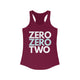 Cardinal red racerback tank top with ZERO ZERO TWO text design