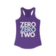 Purple rush racerback tank top with ZERO ZERO TWO text design