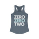 Indigo racerback tank top with ZERO ZERO TWO text design