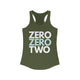 Military green racerback tank top with ZERO ZERO TWO text design