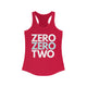 Red racerback tank top with ZERO ZERO TWO text design