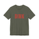 Heather Military Green pickleball t-shirt with a bold, distressed red "DINK" wordmark
