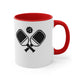 White mug with a Red accent and a minimalist icon of two crossed pickleball paddles and a ball