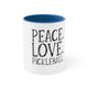 White mug with a Blue accent and a "Peace Love Pickleball" design with a peace-sign hand, a heart, and a paddle and ball