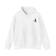 White pickleball hoodie with a small silhouette of a person swinging a pickleball paddle on the chest