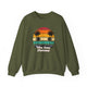 Military Green pickleball crewneck sweatshirt with a retro sunset circle with silhouetted palm trees and "West Coast Pickleball" script text