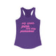 Pickleball women's racerback tank top with a pink script We Wear Pink and Play Pickleball text design