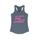 Solid indigo women's pickleball racerback tank top with a pink script We Wear Pink and Play Pickleball text design