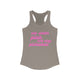 Pickleball women's racerback tank top with a pink script We Wear Pink and Play Pickleball text design