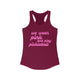 Pickleball women's racerback tank top with a pink script We Wear Pink and Play Pickleball text design