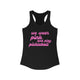Solid black women's pickleball racerback tank top with a pink script We Wear Pink and Play Pickleball text design