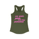 Pickleball women's racerback tank top with a pink script We Wear Pink and Play Pickleball text design