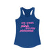 Pickleball women's racerback tank top with a pink script We Wear Pink and Play Pickleball text design