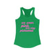 Solid kelly green women's pickleball racerback tank top with a pink script We Wear Pink and Play Pickleball text design