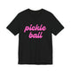Black pickleball t-shirt with a pink script Pickle Ball text design
