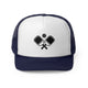 Navy trucker cap with a minimalist icon of two crossed pickleball paddles and a ball