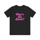 Black pickleball t-shirt with a pink script What's the Score text design