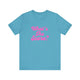 Heather aqua pickleball t-shirt with a pink script What's the Score text design