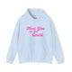 Light blue pickleball hoodie with a pink script Meet You on the Court text design