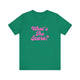 Kelly green pickleball t-shirt with a pink script What's the Score text design