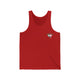 Red tank top with a small PICKLEBALLER chest logo featuring crossed pickleball paddles