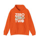 Orange hoodie with a stacked ZERO ZERO TWO text design and a pickleball replacing the O in two