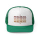 Green trucker cap with the word "PICKLEBALL" repeated in a gradient of colors with small hearts