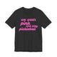 Dark grey heather pickleball t-shirt with a pink script We Wear Pink and Play Pickleball text design