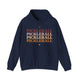 Navy hoodie with PICKLEBALL repeated in a stacked gradient text design with heart accents