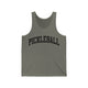 Grey TriBlend unisex pickleball tank top with a bold, arched collegiate-style "PICKLEBALL" wordmark