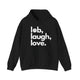 Black pickleball hoodie with a lob, laugh, love text design and pickleball icon