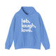 Carolina blue pickleball hoodie with a lob, laugh, love text design and pickleball icon