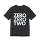 Dark grey heather t-shirt with a stacked ZERO ZERO TWO text design