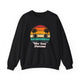 Black pickleball crewneck sweatshirt with a retro sunset circle with silhouetted palm trees and "West Coast Pickleball" script text