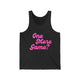 Pickleball tank top with a pink script One More Game text design
