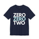 Navy t-shirt with a stacked ZERO ZERO TWO text design