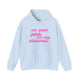 Light blue pickleball hoodie with a pink script We Wear Pink and Play Pickleball text design