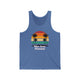Blue TriBlend unisex pickleball tank top with a retro sunset circle with silhouetted palm trees and "West Coast Pickleball" script text