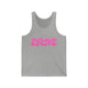Athletic heather pickleball tank top with a pink retro bubble ERNE text design