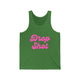 Pickleball tank top with a pink script Drop Shot text design