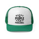 Green trucker cap with "Happy People Play Pickleball" text with pickleball and paddle icons