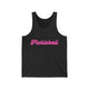 Pickleball tank top with a pink script Pickleball text design