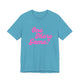 Heather aqua pickleball t-shirt with a pink script One More Game text design