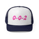 Navy trucker cap with a pink "0-0-2" pickleball score in bubble text
