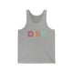 Athletic Heather unisex pickleball tank top with a rainbow-striped "DINK" wordmark