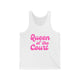 Pickleball tank top with a pink script Queen of the Court text design