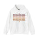 White hoodie with PICKLEBALL repeated in a stacked gradient text design with heart accents