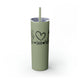 Glitter Seascape skinny tumbler with straw and a "Peace Love Pickleball" design with a peace-sign hand, a heart, and a paddle and ball