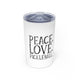 White vacuum insulated tumbler with a "Peace Love Pickleball" design with a peace-sign hand, a heart, and a paddle and ball