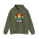 Military Green pickleball hoodie with a retro sunset circle with silhouetted palm trees and "West Coast Pickleball" script text
